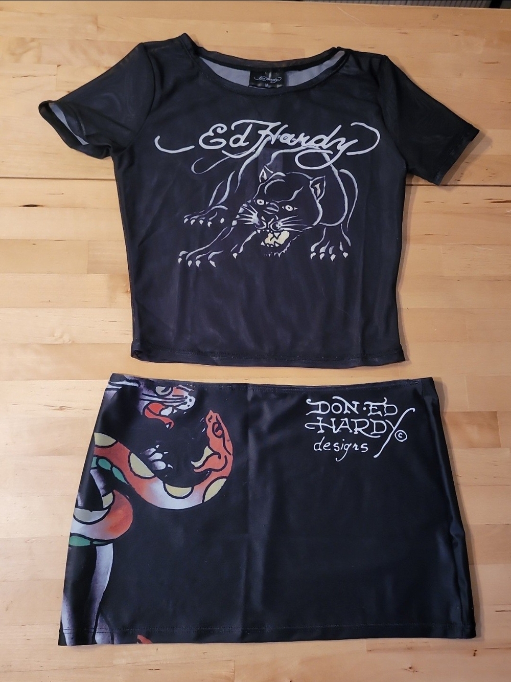 Ed Hardy Black Mesh Panther Crop Top & Graphic Mini Skirt Set